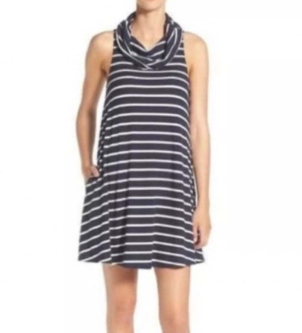 Socialite Cowl Neck Swing Dress Blue White Striped Pockets Size XS NEW Casual